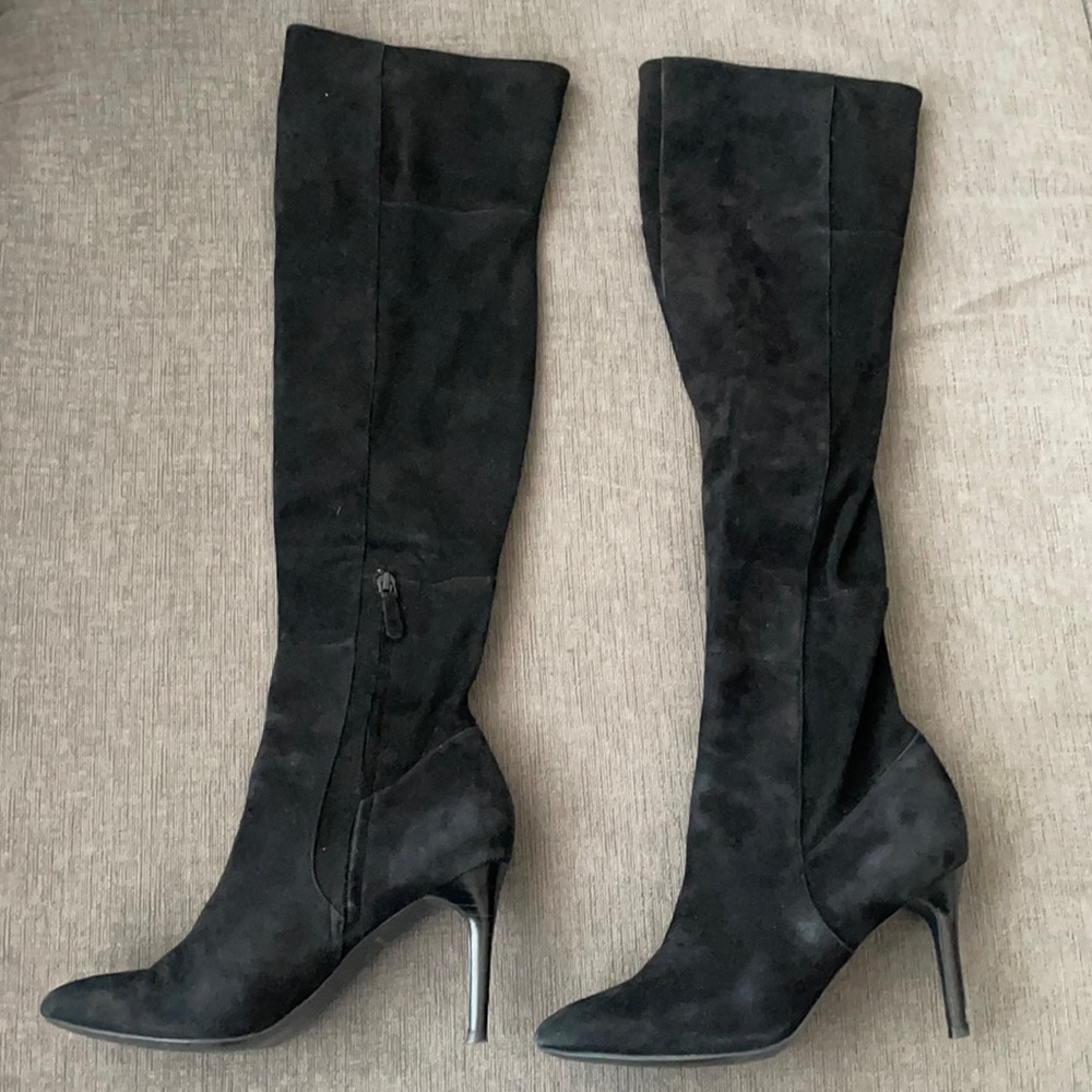 Cole Haan black suede heeled thigh high boots.